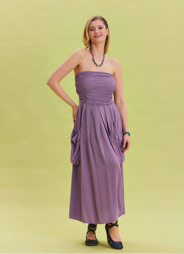 Strapless Chest Pocket Detailed Lilac Flared Dress 4460